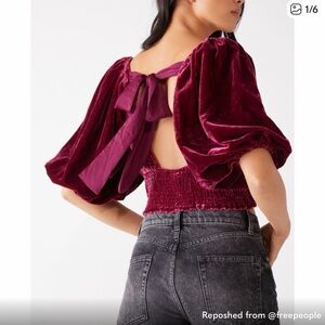 Free People Marie wine Deep Red Velvet Puff Sleeve Blouse small